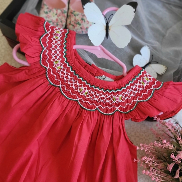 Red Bishop Angel Sleeves Baby Girl Dress. Girls Smocked Bishop Birthday Dress - Picture 2 of 9
